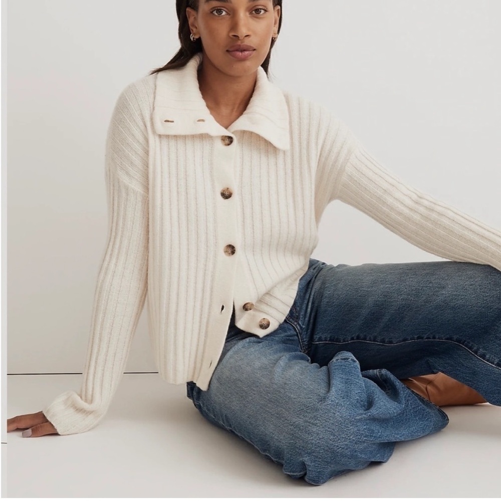New Madewell Oversized Collar Cardigan Antique Cream Ribbed Button-Up Sweater